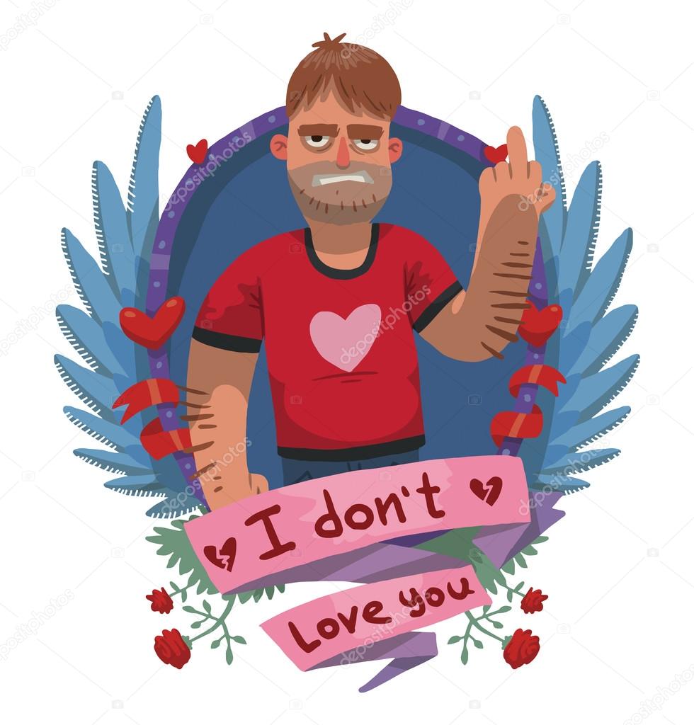 Angry man in red t-shirt frame, anti valentine card