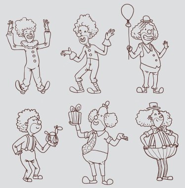 Set of line happy funny clowns