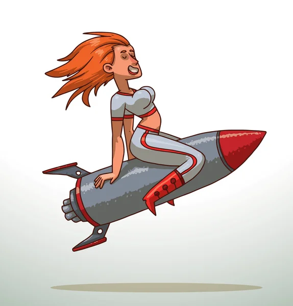 Girl with red hair riding on a rocket — Stok Vektör
