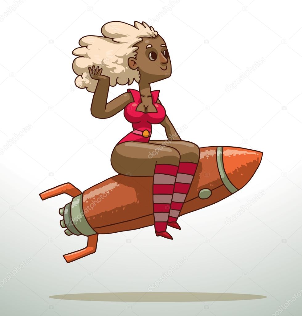 Girl with white hair riding on a rocket