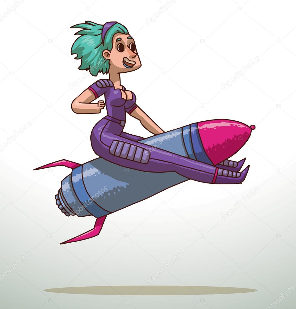Girl with light blue hair riding on a rocket