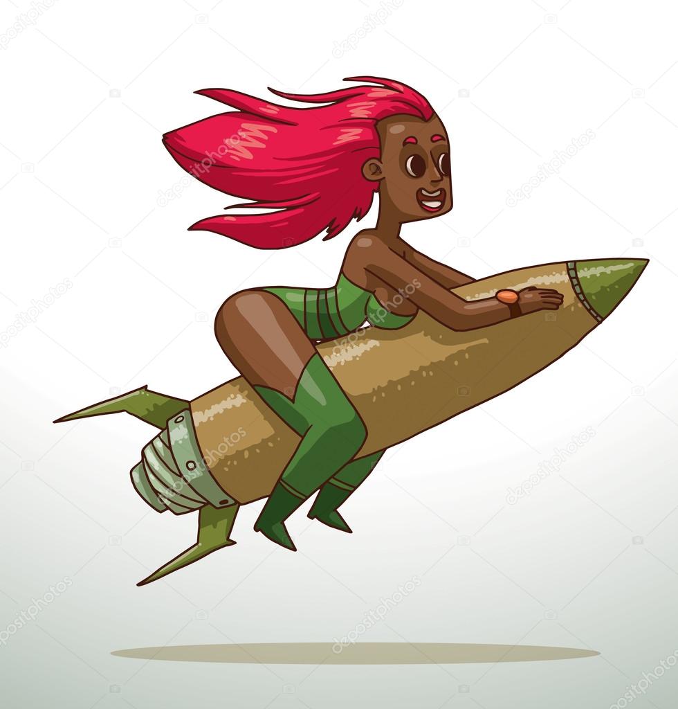 Girl with pink hair riding on a rocket