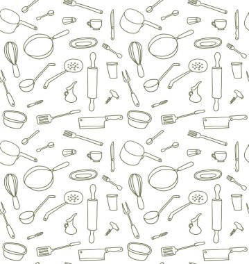 Kitchen Utensils seamless pattern, line art clipart