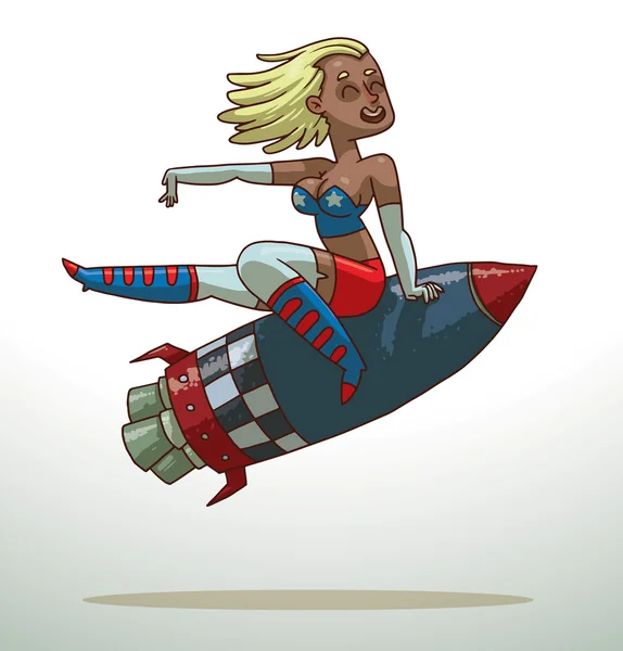 Chica con el pelo rubio cabalgando en un cohete — Vector de stock