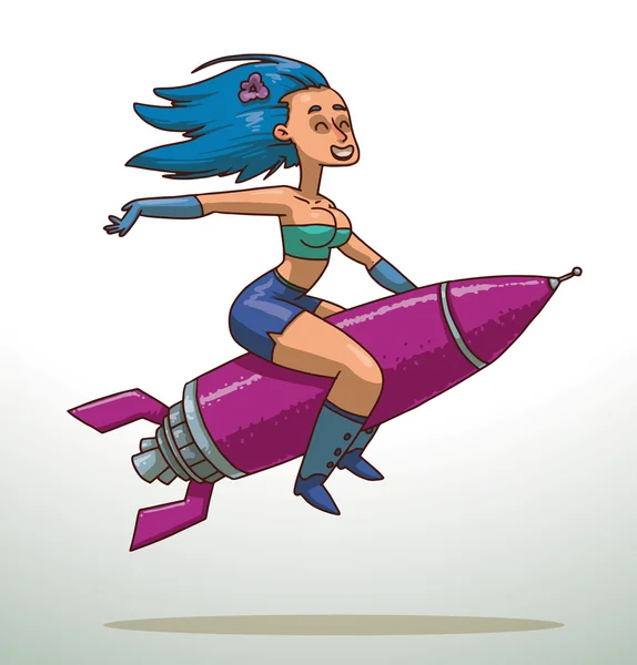 Girl with blue hair riding on a rocket — Stok Vektör