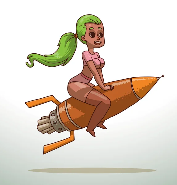 Girl with green hair riding on a rocket — 图库矢量图片