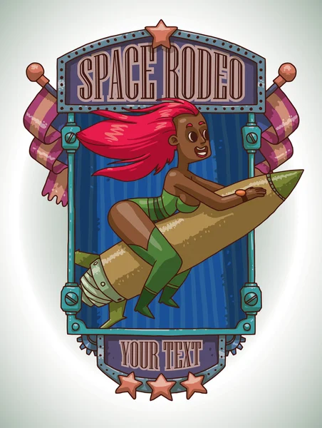 Girl with pink hair riding on a rocket, emblem — Stok Vektör