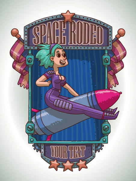 Girl with light blue hair riding on rocket, emblem — Stok Vektör