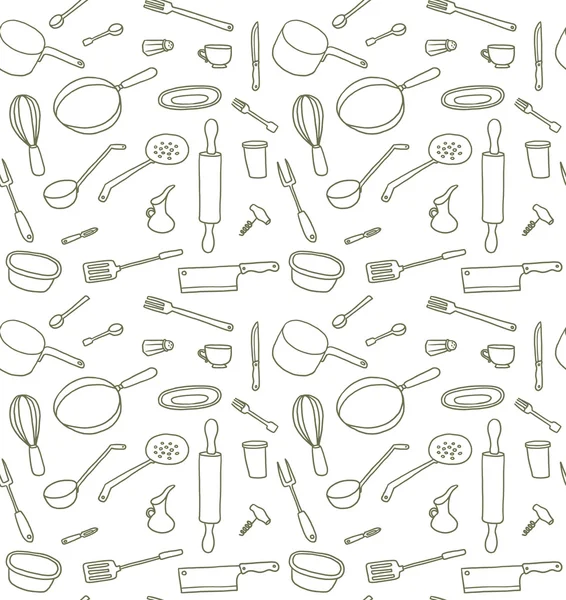 Kitchen Utensils seamless pattern, line art — ストックベクタ