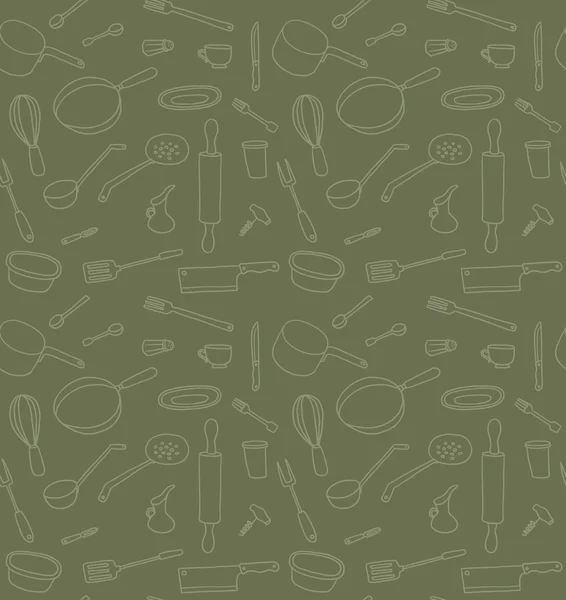 Utensilios de cocina patrón sin costura sobre fondo verde — Vector de stock