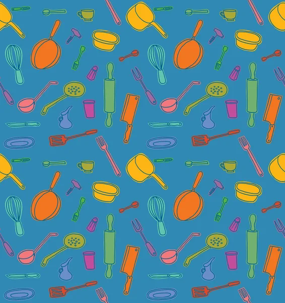 Kitchen Utensils seamless color pattern on blue background — Stockový vektor