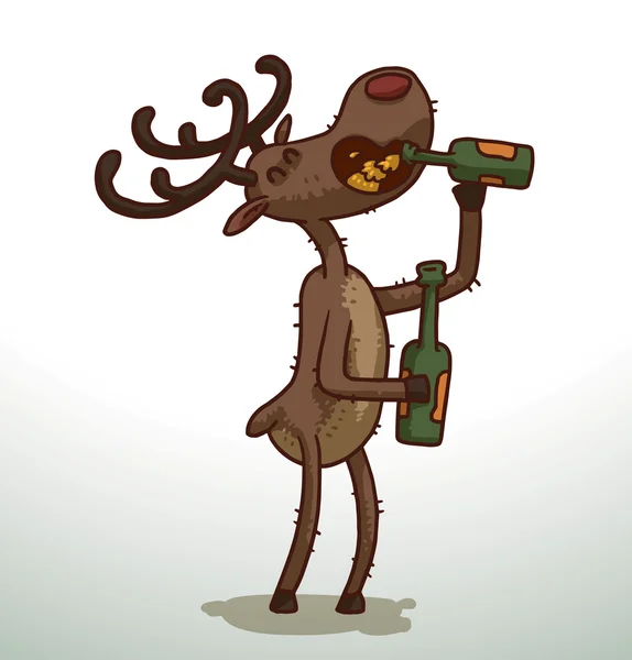 Deer drinking beer from glass bottle — Stock vektor