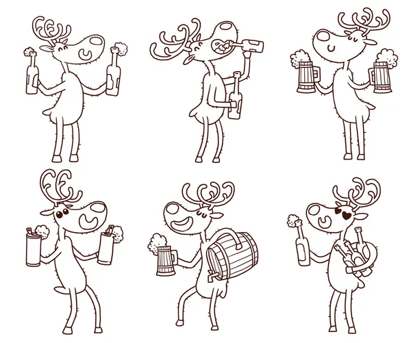 Deers and beers set, line art — Stok Vektör