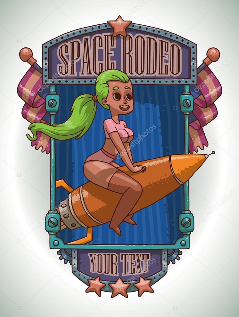 Girl with green hair riding on a rocket, emblem