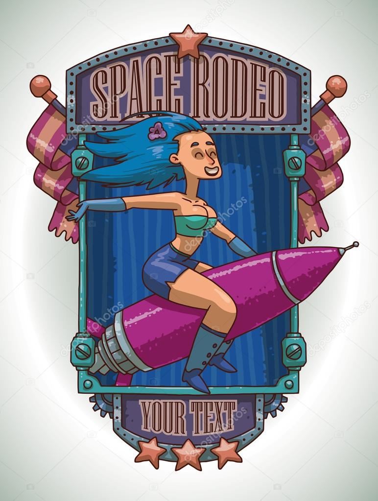 Girl with blue hair riding on a rocket, emblem