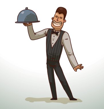 Dark-haired waiter with a cloche