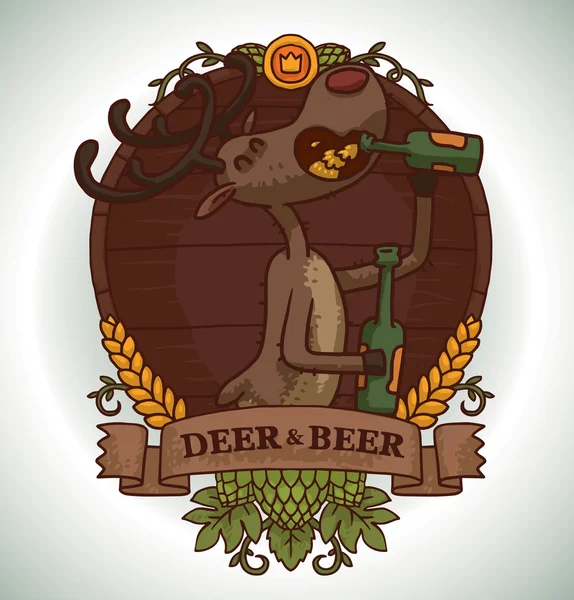 Deer drinking beer from glass bottle, emblem — 图库矢量图片