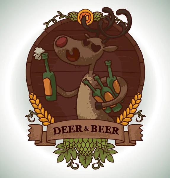 Deer with bottles of beer, emblem — Stock vektor