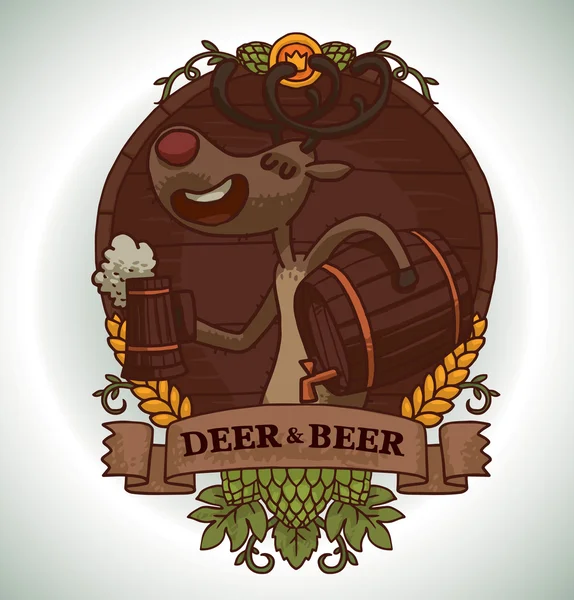 Deer with barrel of beer, emblem — Stockový vektor