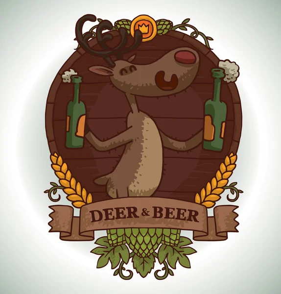 Deer with two bottles of beer, emblem — 图库矢量图片