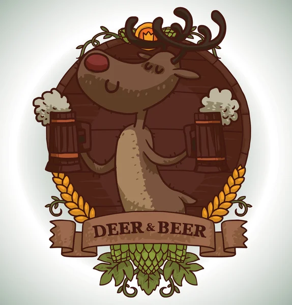 Deer with two mugs of beer, emblem — 图库矢量图片