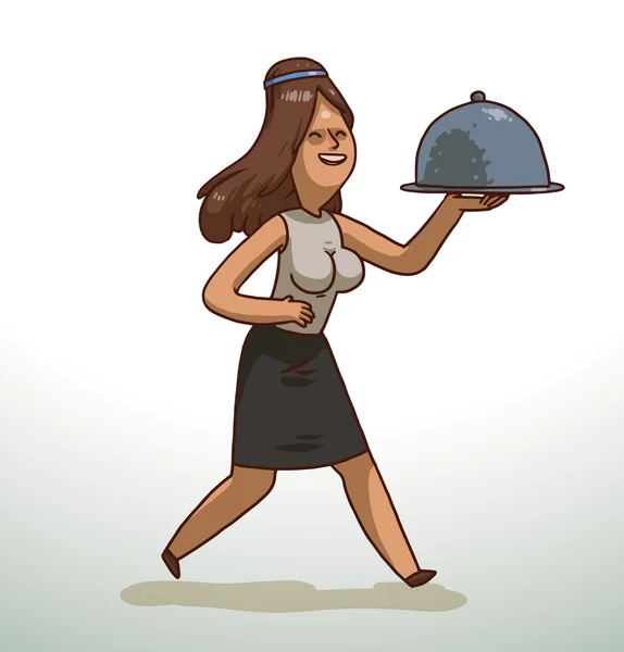 Brunette waitress with a cloche — стоковий вектор