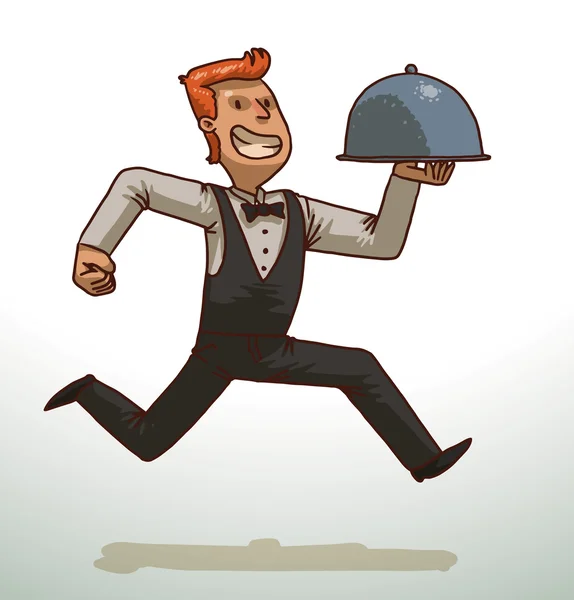 Red-haired waiter with a cloche — 图库矢量图片