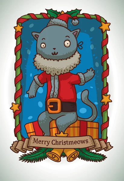 Christmas card, Blue cat in Santa's costume — Stock Vector