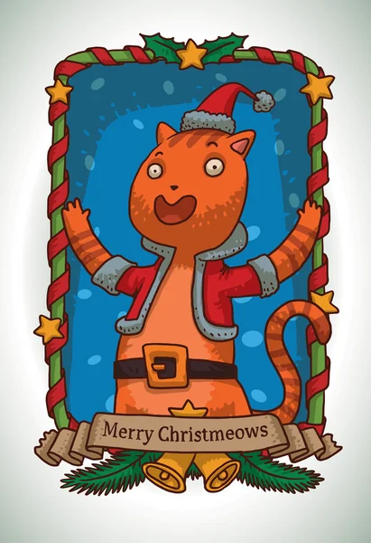 Biglietto di Natale, Gatto rossiccio in costume di Babbo Natale — Vettoriale Stock