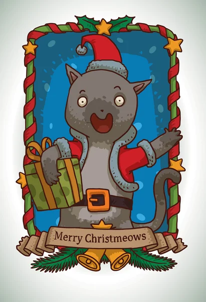 Biglietto di Natale, gatto grigio in costume di Babbo Natale — Vettoriale Stock