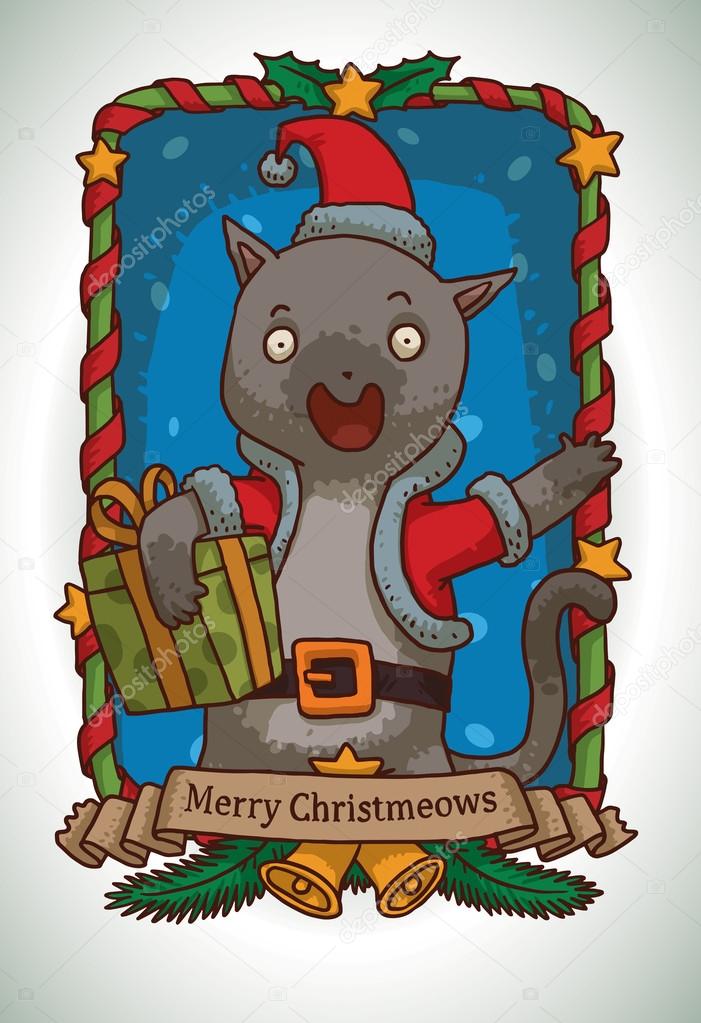 Christmas card, Gray cat in Santa's costume