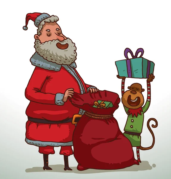 Santa Claus with a monkey and bag of gifts — Stok Vektör