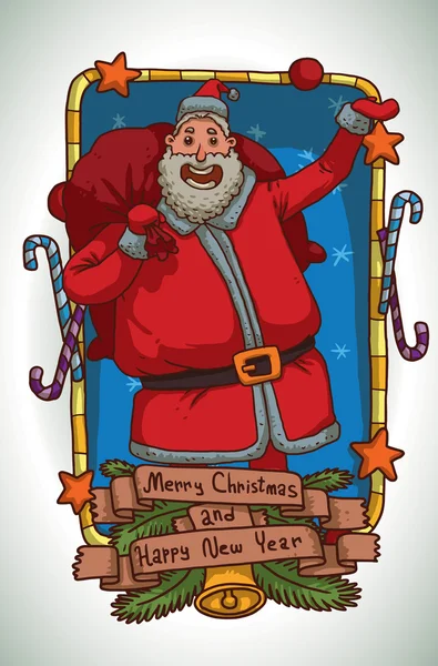 Рождественская открытка, Санта-Клаус с сумкой подарков — стоковый вектор