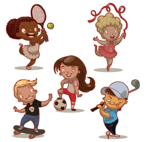 Cinco niños jugando deporte, set — Vector de stock