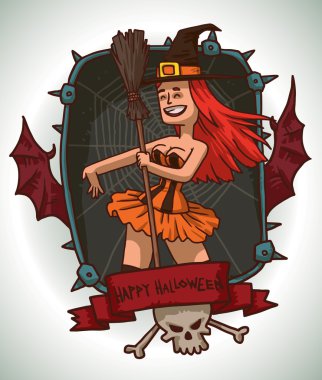 Red-haired girl in Witch costume for Halloween, card