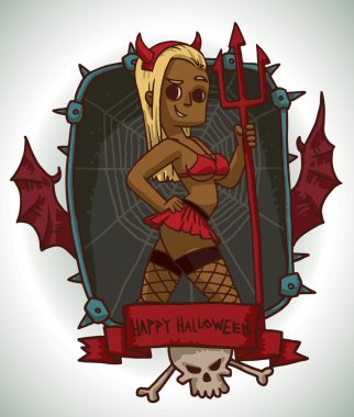 Blonde girl in Devil costume for Halloween, card