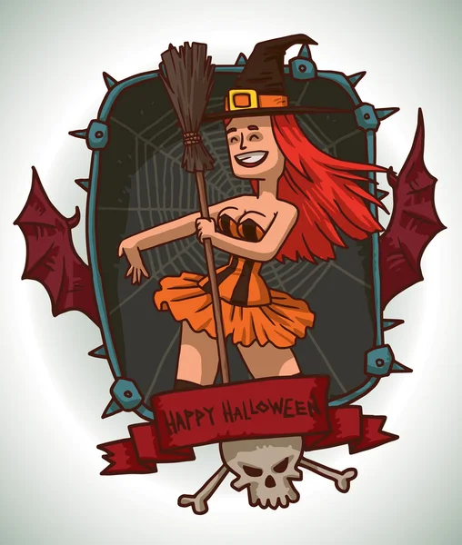 Chica pelirroja disfrazada de bruja para Halloween, tarjeta — Archivo Imágenes Vectoriales