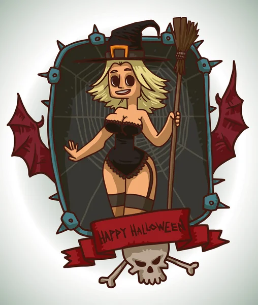 Menina loira leve em traje de bruxa para o Halloween, cartão — Vetor de Stock