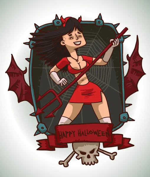 Брюнетка в костюме дьявола на Хэллоуин, открытка — стоковый вектор