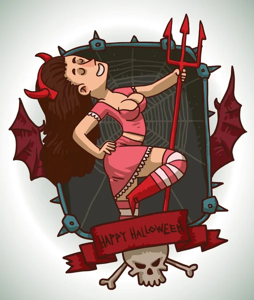 Chica de cabello castaño disfrazada de Diablo para Halloween, tarjeta — Vector de stock