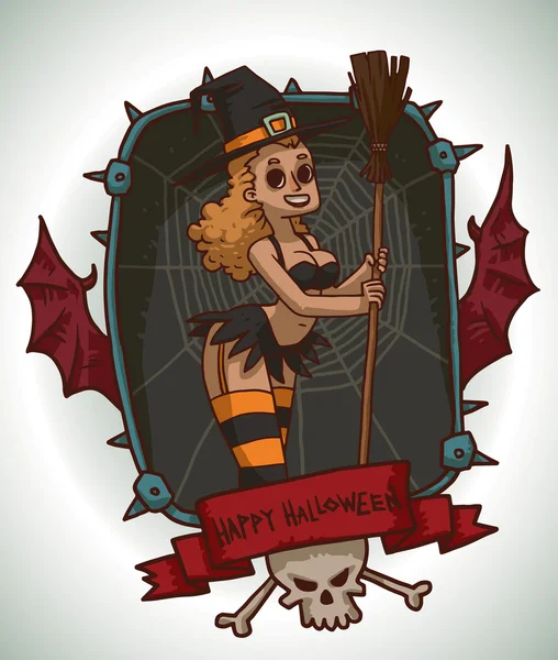 Menina loira em traje de bruxa para o Halloween, cartão — Vetor de Stock