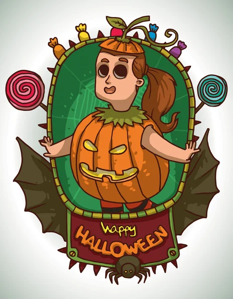 Chica en traje de calabaza para Halloween, tarjeta — Archivo Imágenes Vectoriales