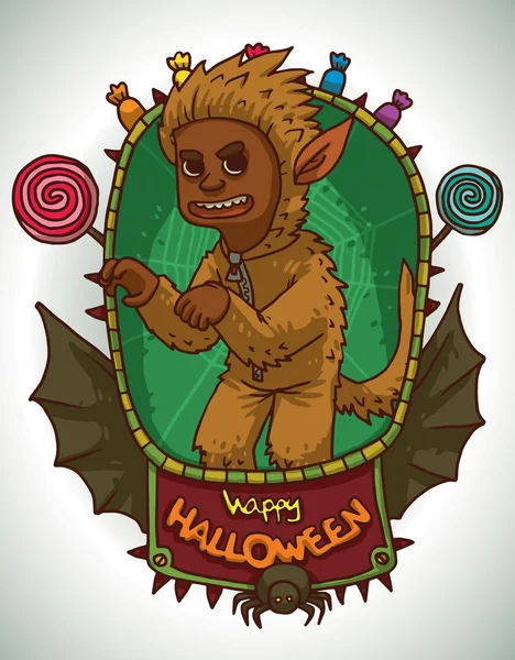 Boy in Werewolf costume for Halloween, card — Stock vektor