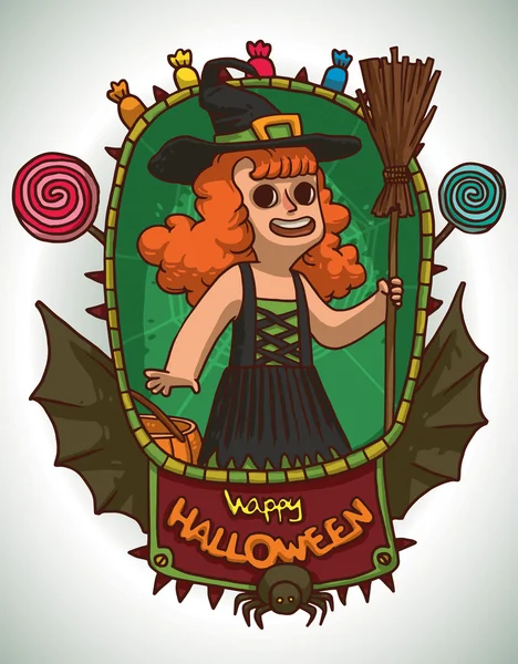 Menina em traje de bruxa para o Halloween, cartão — Vetor de Stock