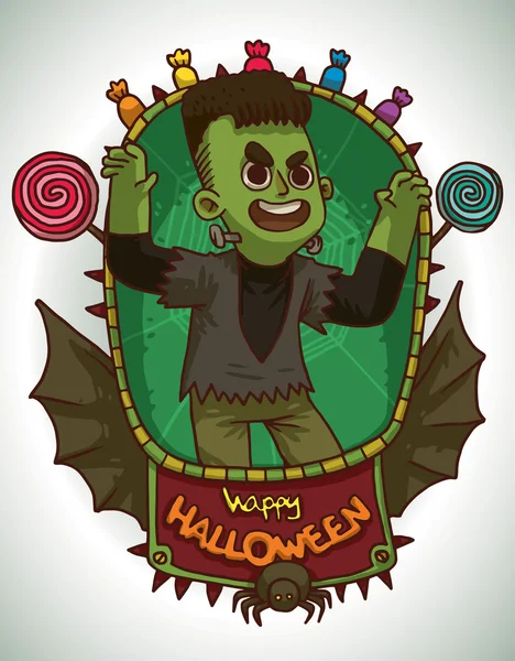 Menino no traje monstro de Frankenstein para o Halloween, cartão — Vetor de Stock