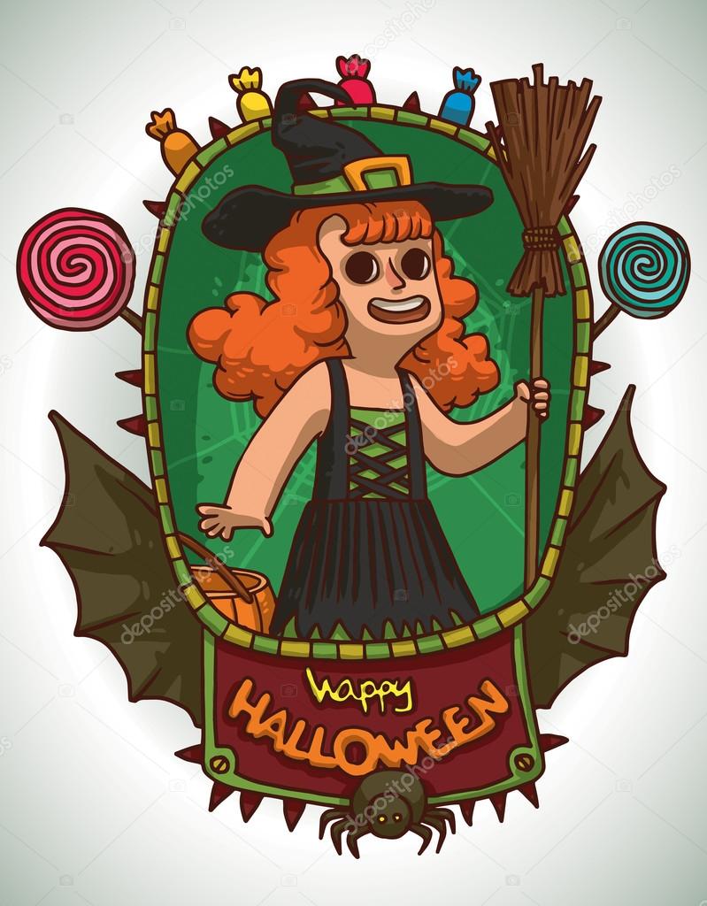 Girl in Witch costume for Halloween, card