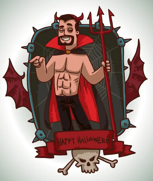 Man in Devil costume for Halloween, card — 图库矢量图片