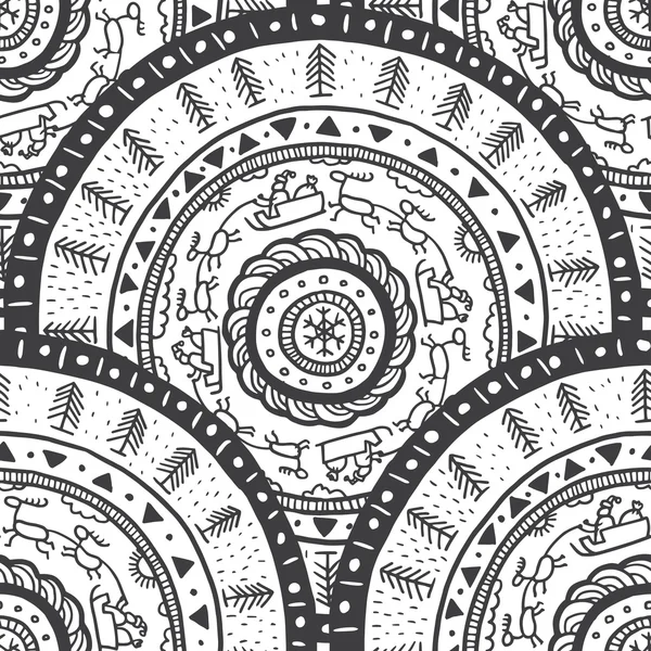 Ethnic Christmas retro doodle black and white seamless pattern — Stockvector