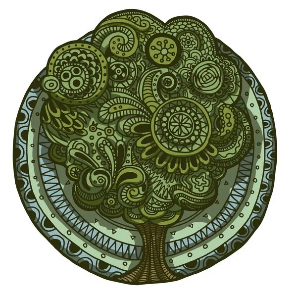Etnia doodle floral retro colorido árvore redondo padrão — Vetor de Stock