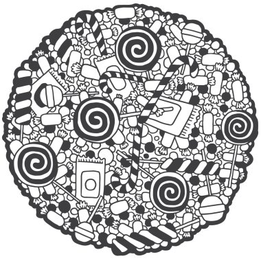 Retro doodle black and white candies round pattern